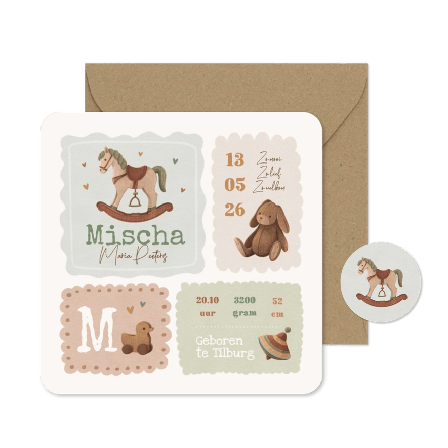 Geboortekaartje unisex vintage baby speelgoed kaders - Kaartimpressie