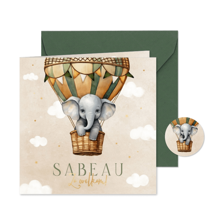 Geboortekaartje unisex vintage luchtballon olifantje lief - Kaartimpressie