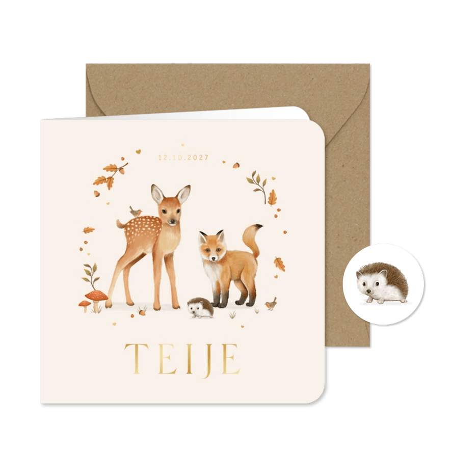 Geboortekaartje unisex vos egel vogel hert herfst fries - Kaartimpressie
