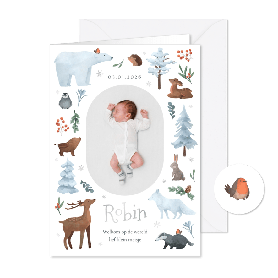 Geboortekaartje unisex winter dieren bosdieren foto sneeuw - Kaartimpressie