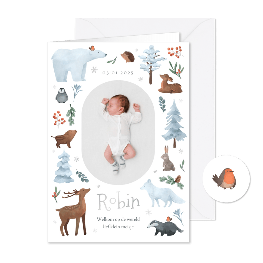 Geboortekaartje unisex winter dieren bosdieren foto sneeuw - Kaartimpressie