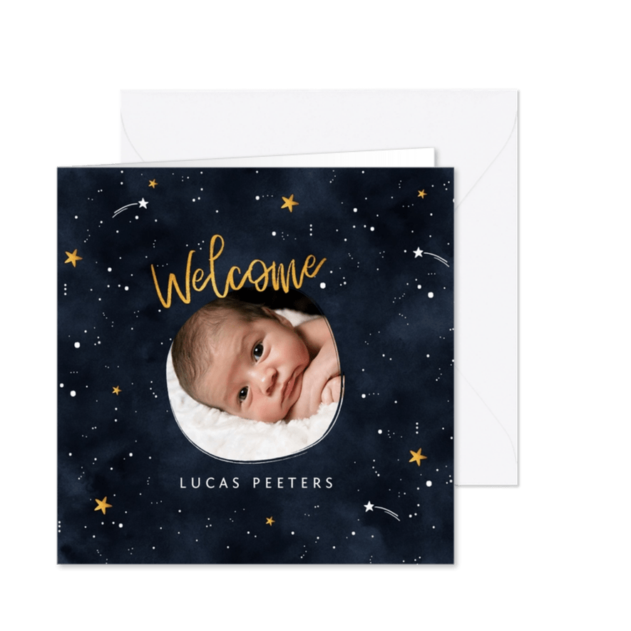 Geboortekaartje universum met sterren en foto - Kaartimpressie