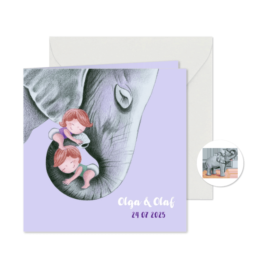 Geboortekaartje van olifant met tweeling - Kaartimpressie