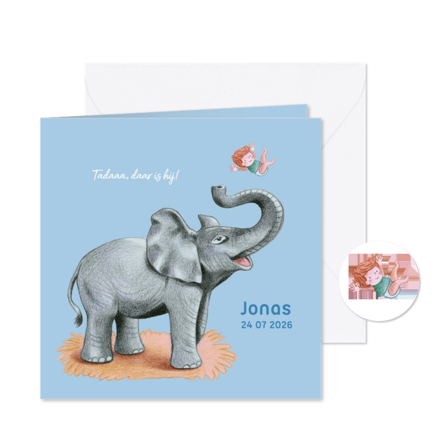 Geboortekaartje van vrolijke olifant met jongetje - Kaartimpressie