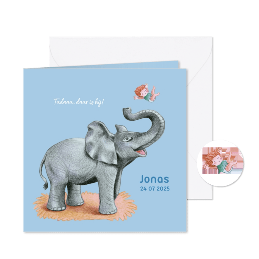 Geboortekaartje van vrolijke olifant met jongetje - Kaartimpressie