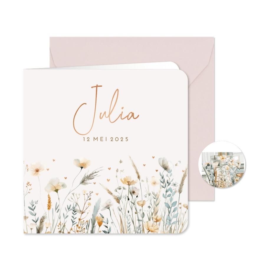 Geboortekaartje veldbloemen met hartjes - Kaartimpressie