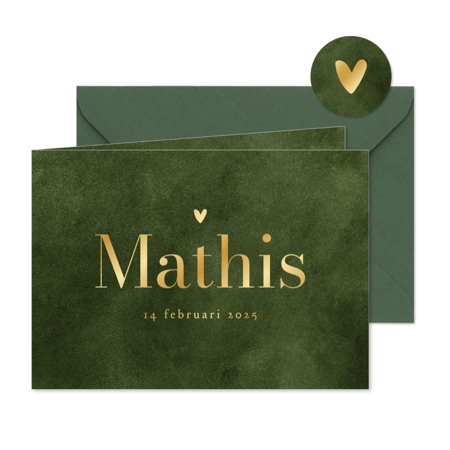 Geboortekaartje velvet groen natuurlijk hartje goud - Kaartimpressie