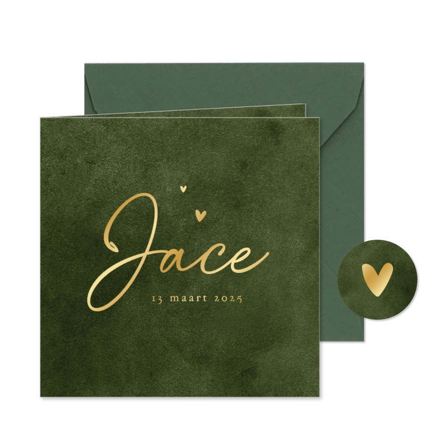 Geboortekaartje velvet look groen natuurlijk hartje goud - Kaartimpressie