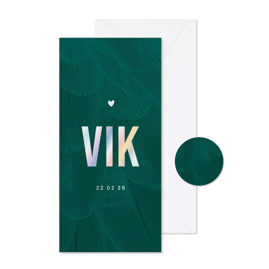 Geboortekaartje veren groen holografisch - Kaartimpressie