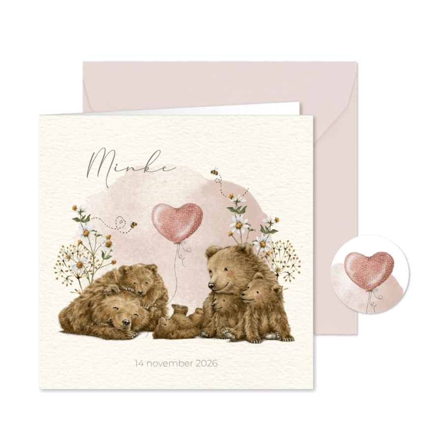 Geboortekaartje vierde kindje met beertjes tussen de bloemen - Kaartimpressie