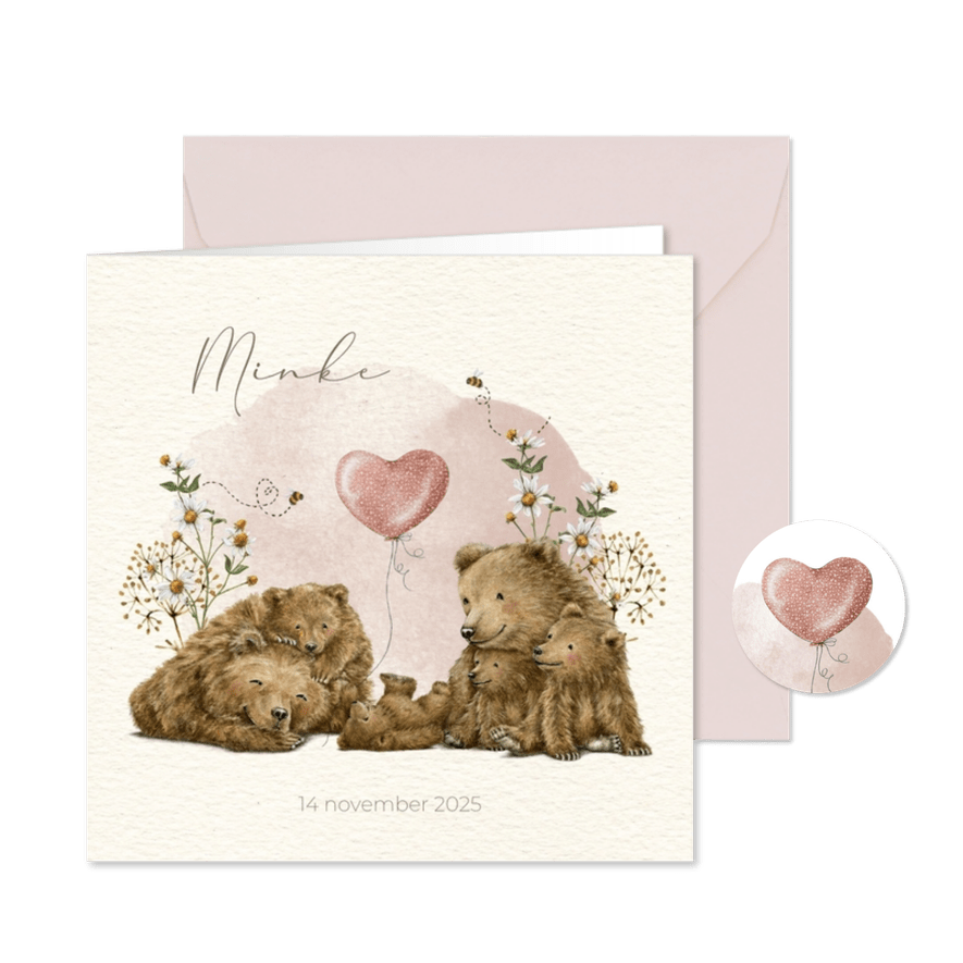 Geboortekaartje vierde kindje met beertjes tussen de bloemen - Kaartimpressie