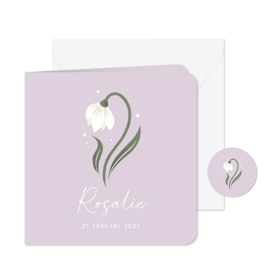 Geboortekaartje vierkant met geboortebloemen sneeuwklokjes - Kaartimpressie