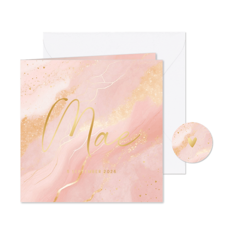 Geboortekaartje vierkant roze marmer met goud meisje - Kaartimpressie