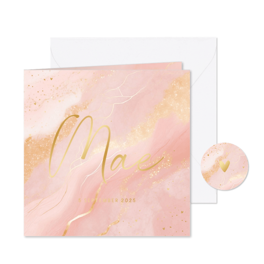 Geboortekaartje vierkant roze marmer met goud meisje - Kaartimpressie