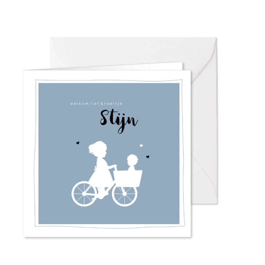 Geboortekaartje vierkant silhouet bakfiets zus met broertje - Kaartimpressie