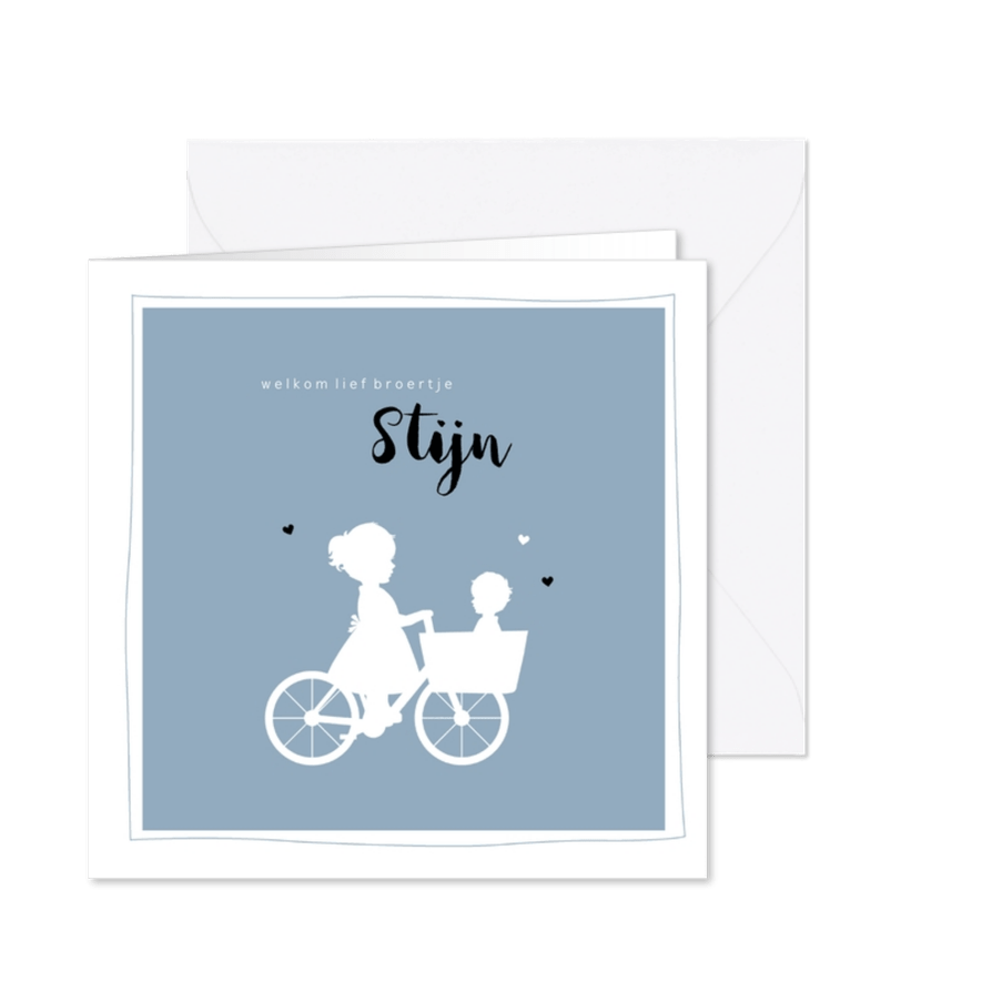 Geboortekaartje vierkant silhouet bakfiets zus met broertje - Kaartimpressie