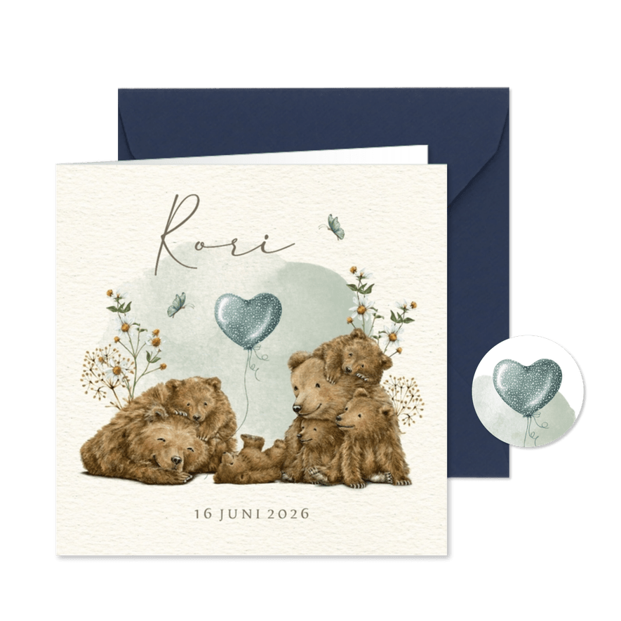 Geboortekaartje vijfde kindje groot gezin met beren familie - Kaartimpressie
