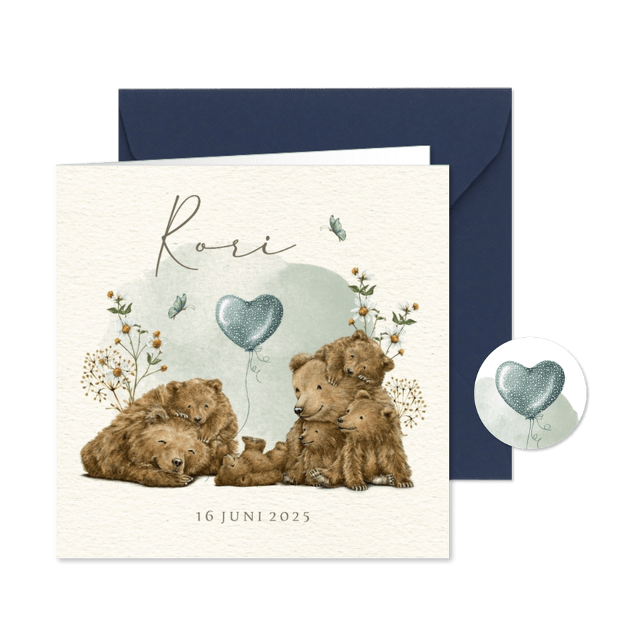 Geboortekaartje vijfde kindje groot gezin met beren familie - Kaartimpressie