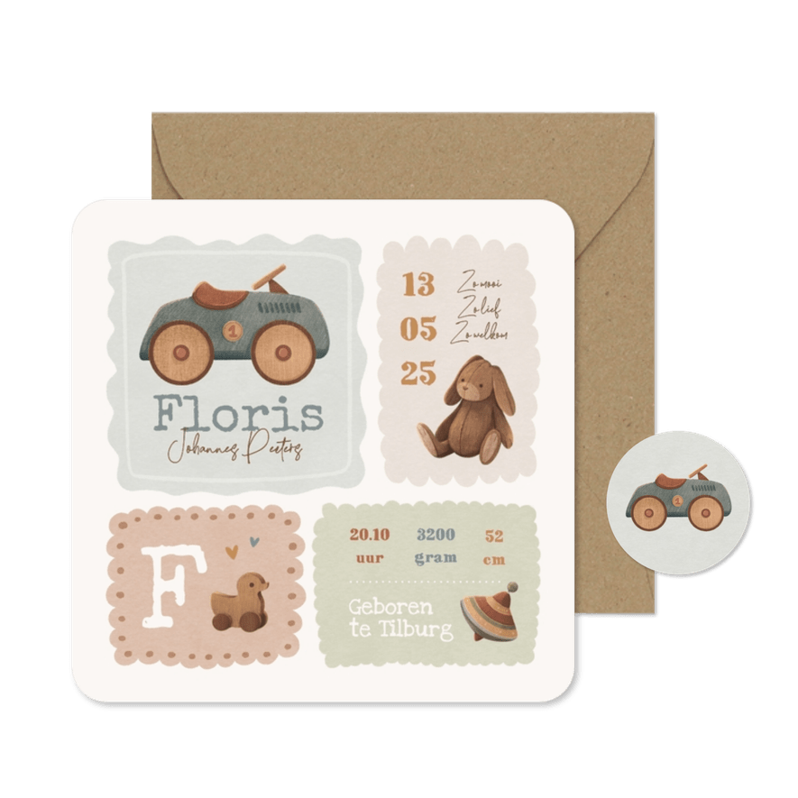 Geboortekaartje vintage auto baby speelgoed kaders - Kaartimpressie