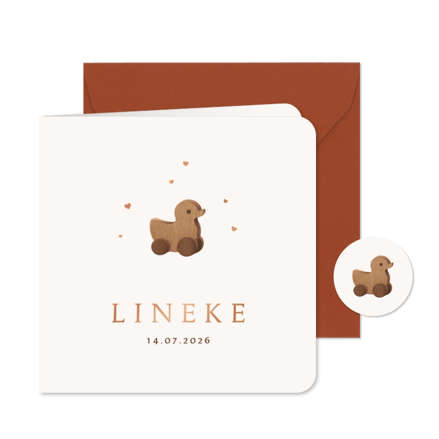 Geboortekaartje vintage loopeend speelgoed hout hartjes - Kaartimpressie