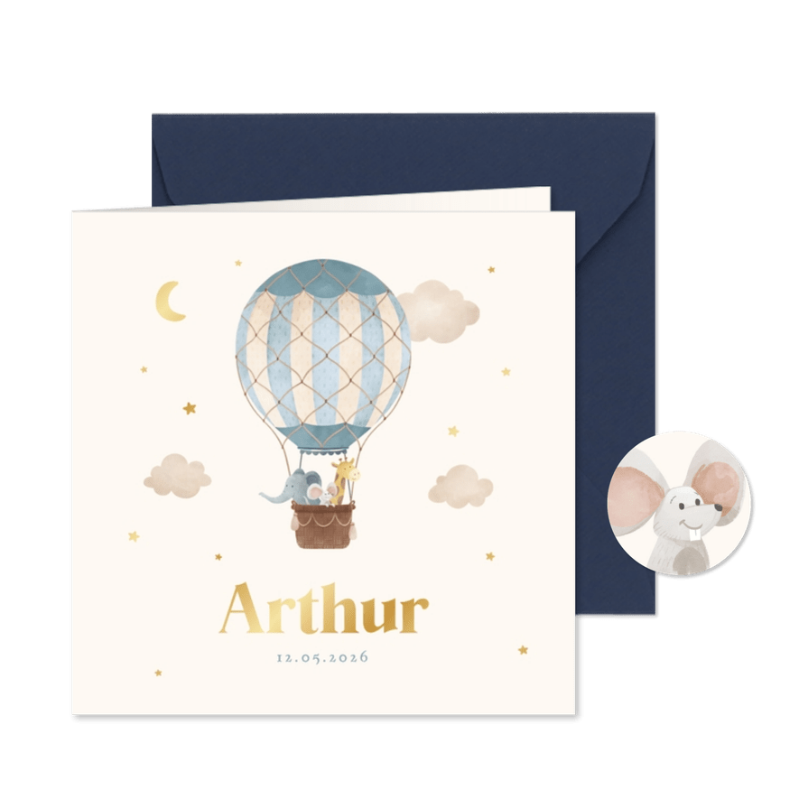Geboortekaartje vintage luchtballon dieren sterren wolkjes - Kaartimpressie