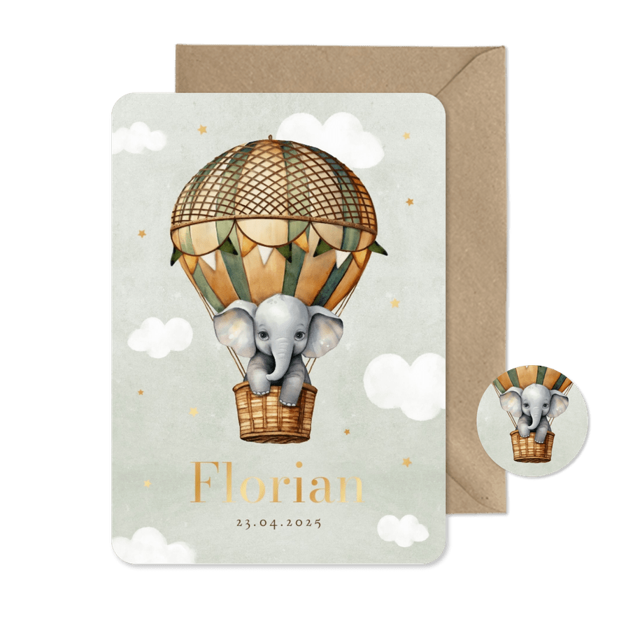 Geboortekaartje vintage luchtballon olifant wolkjes sterren - Kaartimpressie