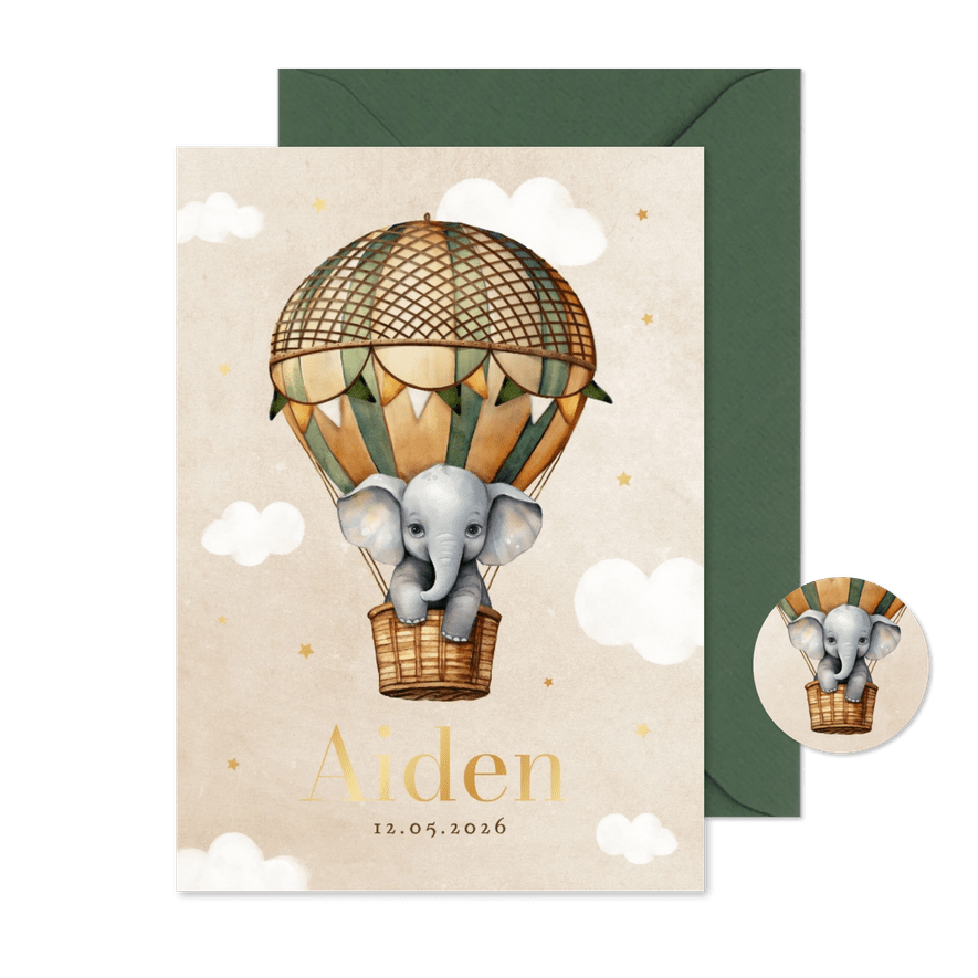 Geboortekaartje vintage luchtballon olifantje wolken sterren - Kaartimpressie