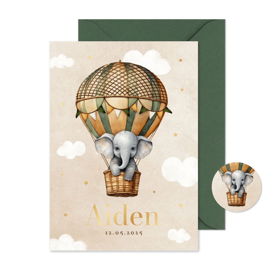 Geboortekaartje vintage luchtballon olifantje wolken sterren - Kaartimpressie