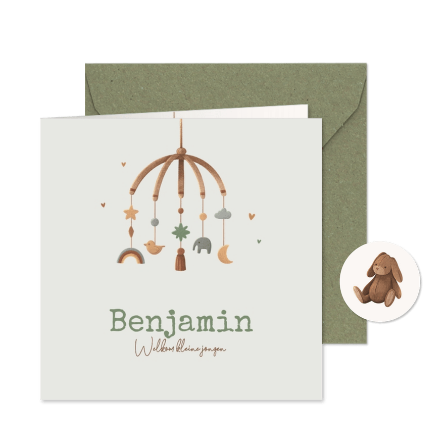 Geboortekaartje vintage mobiel dieren regenboog sterren - Kaartimpressie