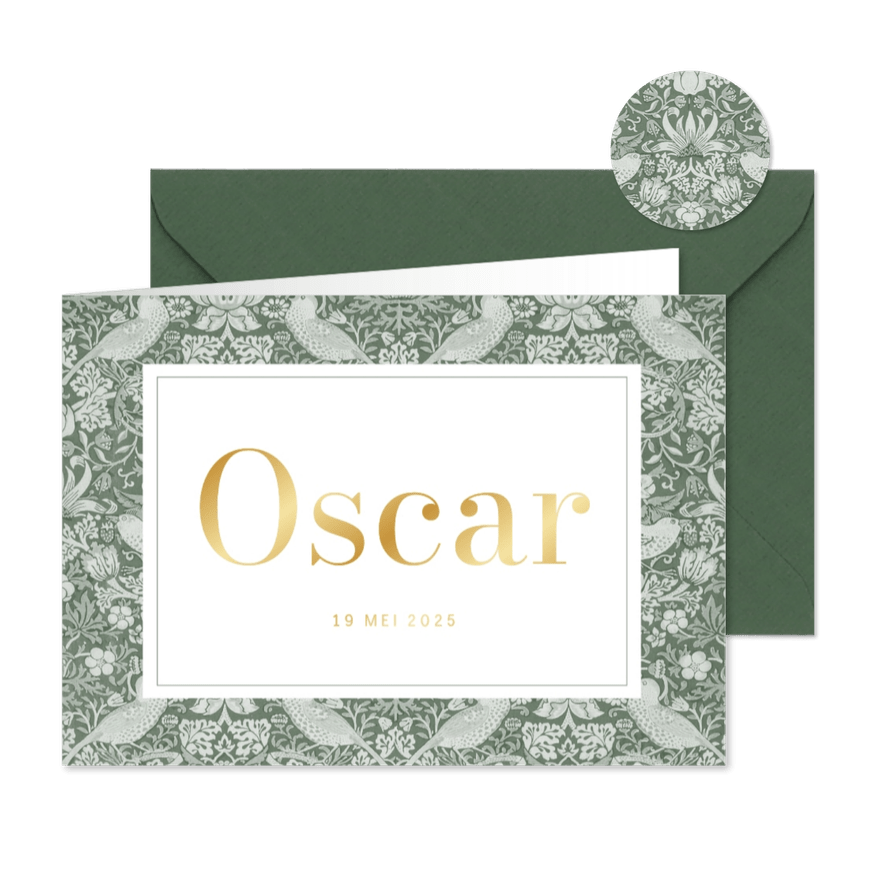 Geboortekaartje vintage vogelpatroon groen - Kaartimpressie