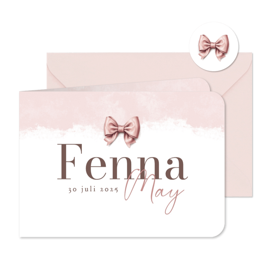 Geboortekaartje vintage waterverf roze strikje - Kaartimpressie