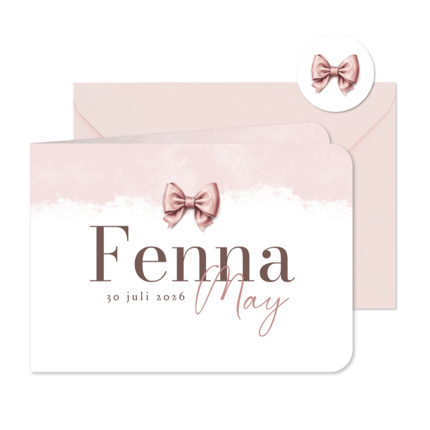 Geboortekaartje vintage waterverf roze strikje - Kaartimpressie