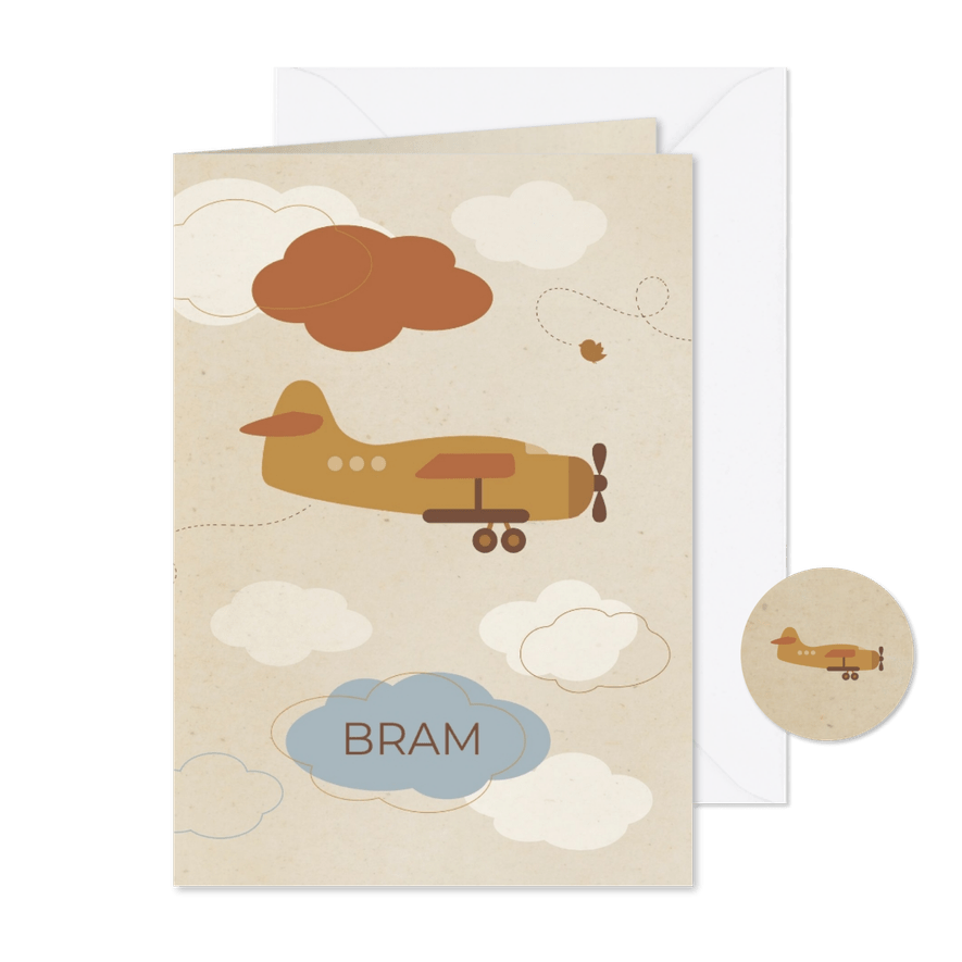 Geboortekaartje vliegtuig okergeel - Kaartimpressie