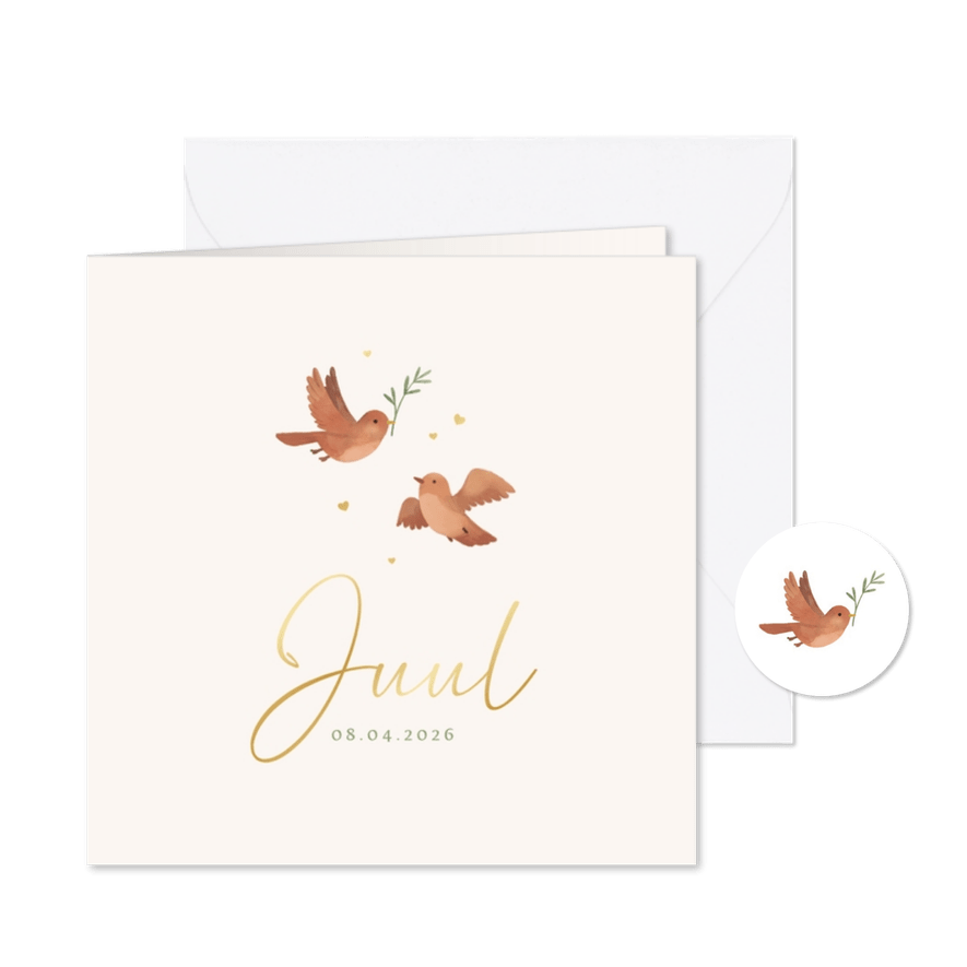 Geboortekaartje vogeltjes dieren hartjes goud lief - Kaartimpressie