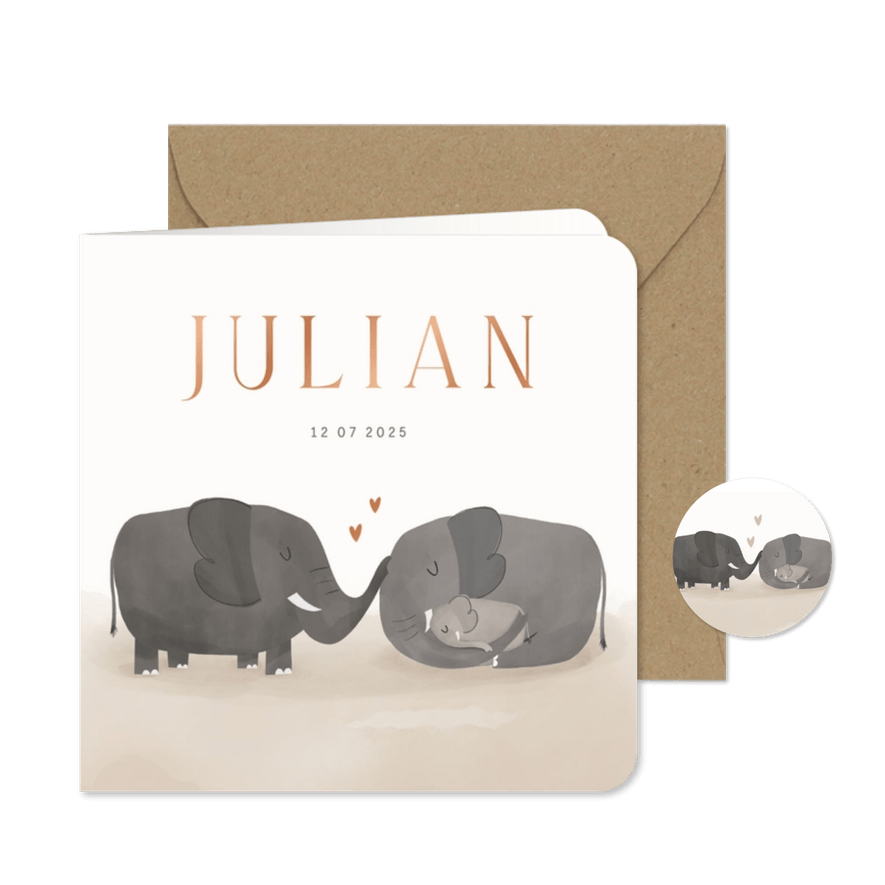Geboortekaartje volwassen olifanten met baby koperfolie - Kaartimpressie