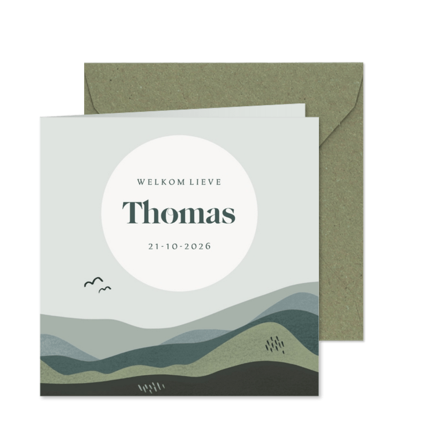 Geboortekaartje voor een jongen met landschap en een zon - Kaartimpressie