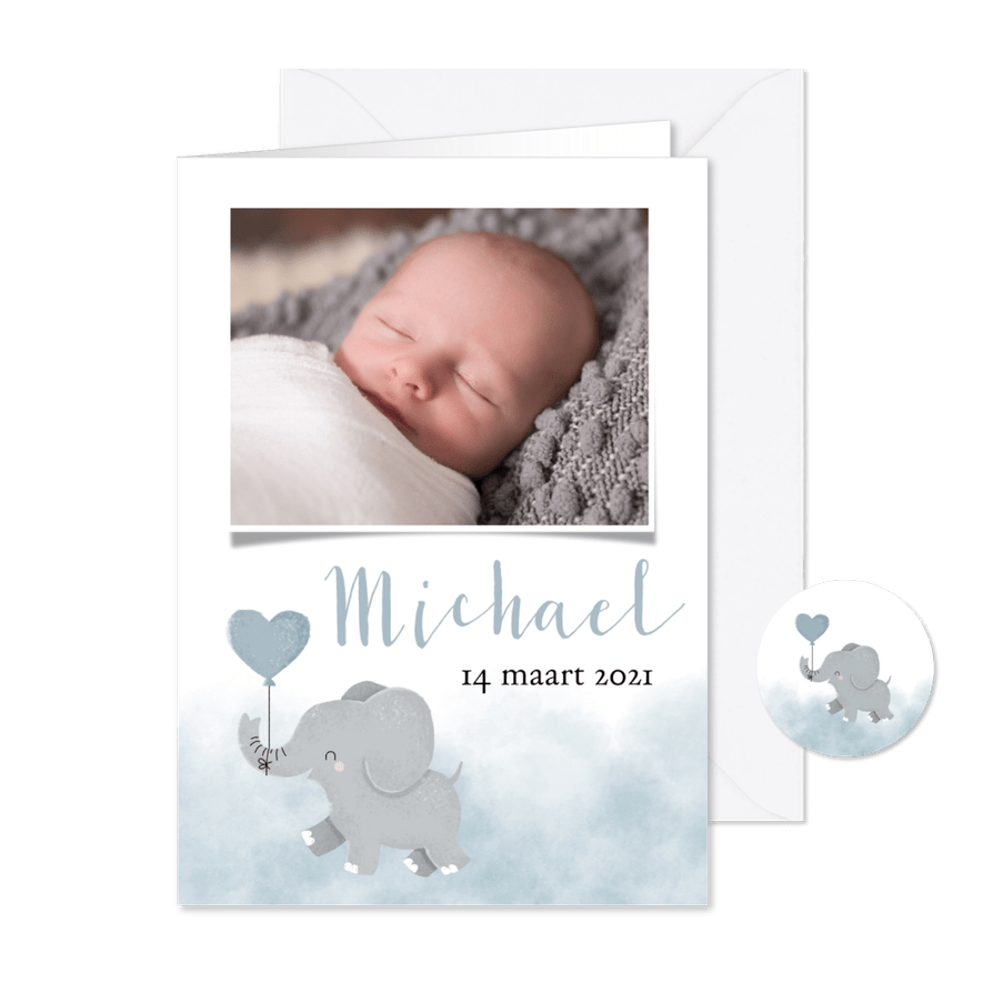 Geboortekaartje voor een jongen met olifantje en waterverf - Kaartimpressie