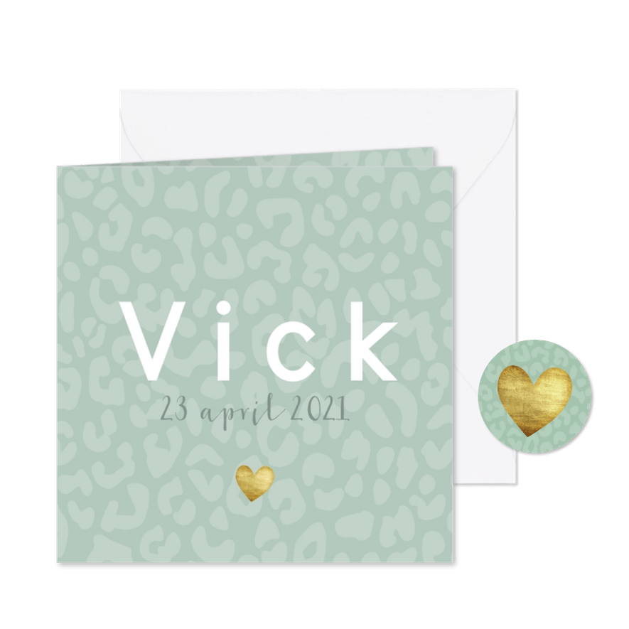 Geboortekaartje voor een jongen met panterprint en hartje - Kaartimpressie