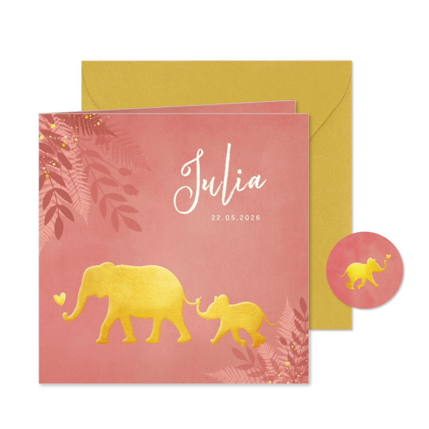 Geboortekaartje voor een meisje Jungle met gouden olifant  - Kaartimpressie