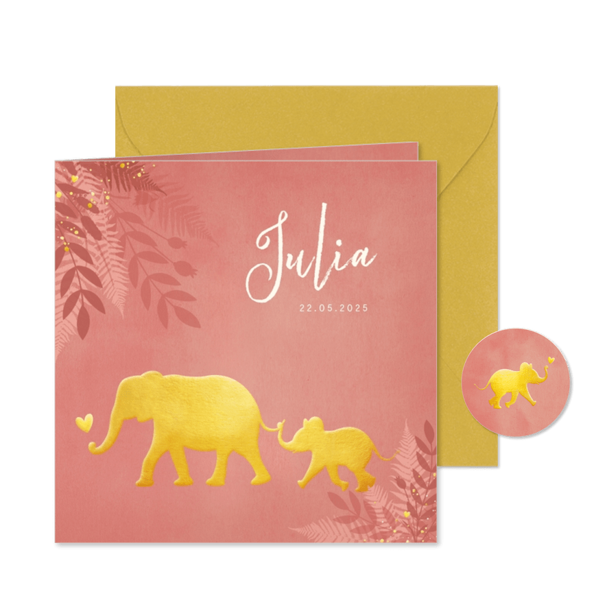 Geboortekaartje voor een meisje Jungle met gouden olifant  - Kaartimpressie