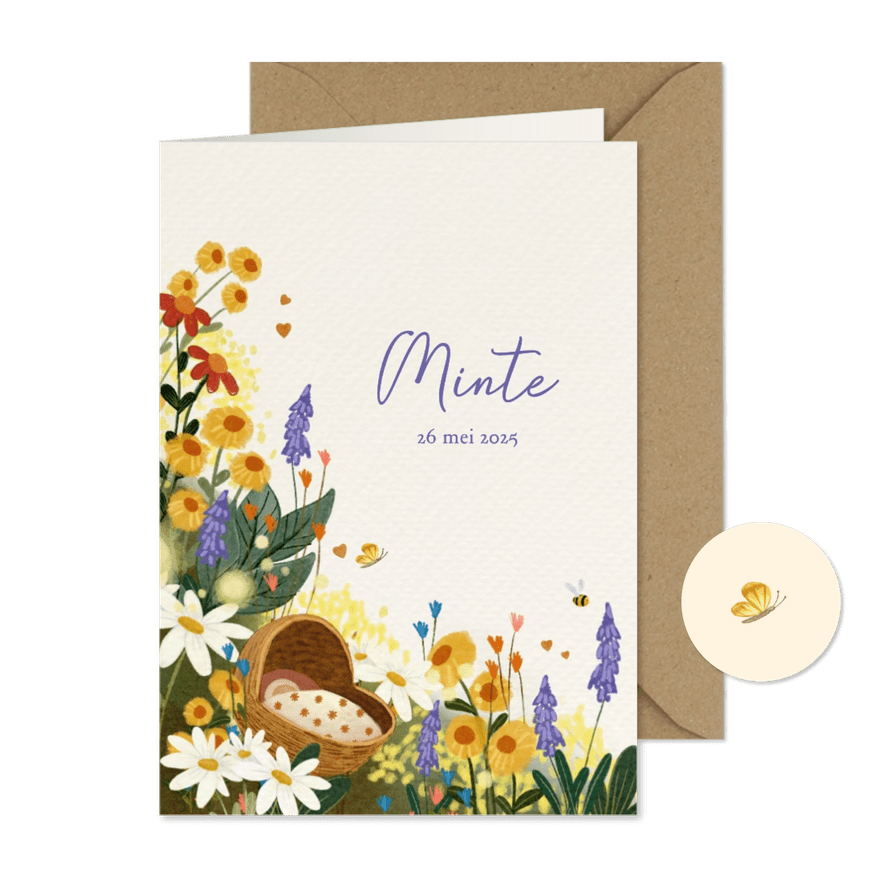 Geboortekaartje voor een meisje met bloemen en een wiegje - Kaartimpressie
