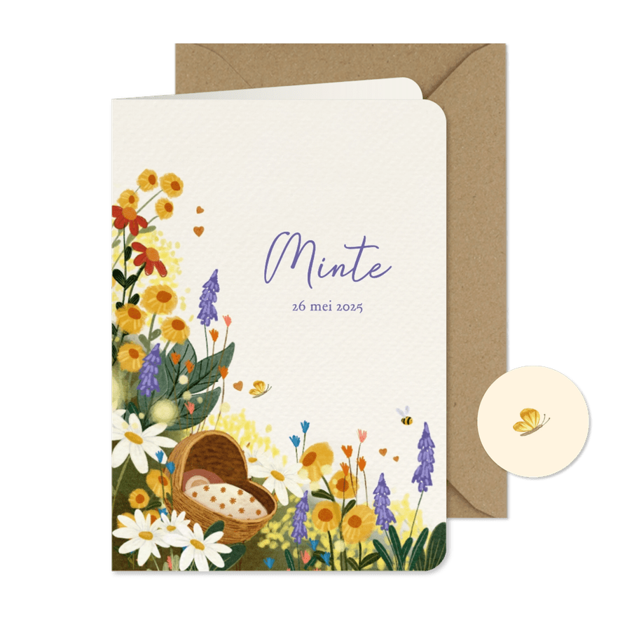 Geboortekaartje voor een meisje met bloemen en een wiegje - Kaartimpressie