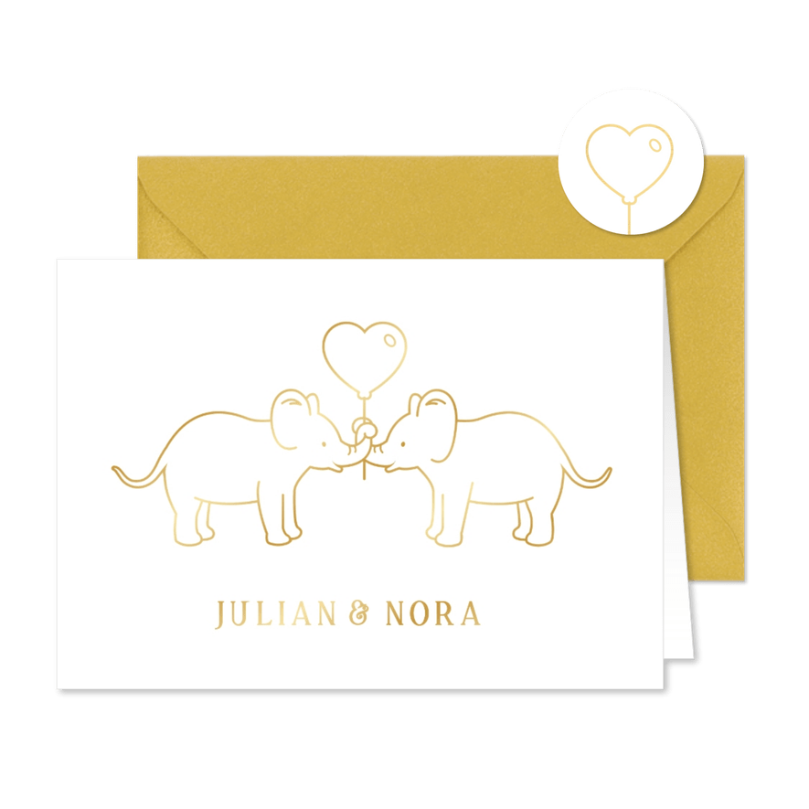 Geboortekaartje voor een tweeling twee gouden olifantjes - Kaartimpressie