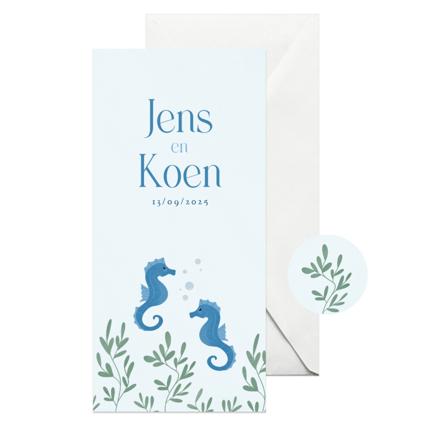 Geboortekaartje voor jongens met zeepaardjes blauw tweeling - Kaartimpressie