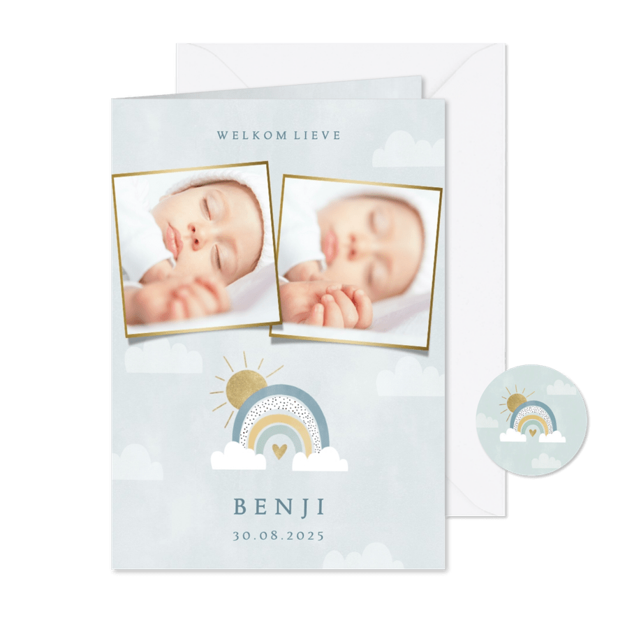 Geboortekaartje voor jongetje met foto's regenboog & wolkjes - Kaartimpressie