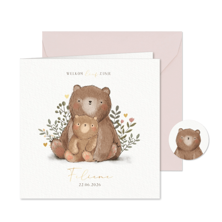 Geboortekaartje voor zusje met beertjes, plantjes & hartjes - Kaartimpressie