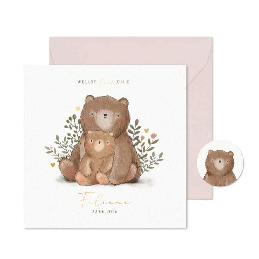 Geboortekaartje voor zusje met beertjes, plantjes & hartjes - Kaartimpressie