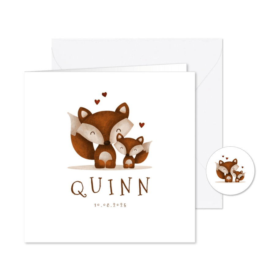 Geboortekaartje vos met broer/zus en hartjes lief - Kaartimpressie