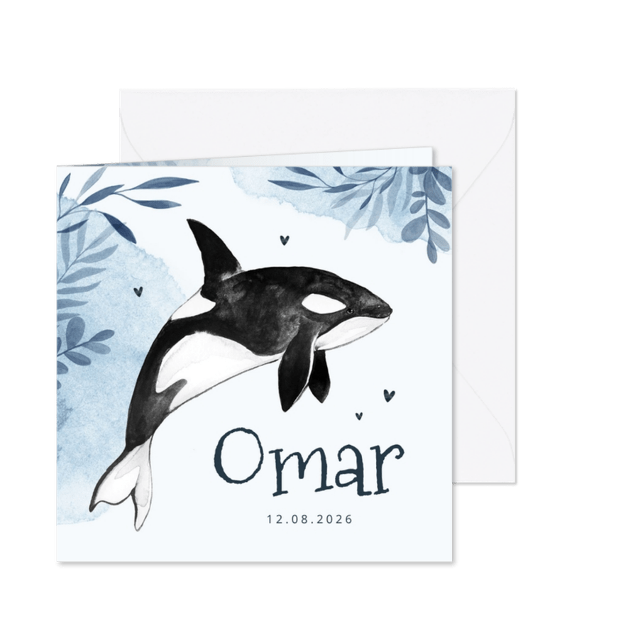 Geboortekaartje walvis orka water zee waterverf - Kaartimpressie