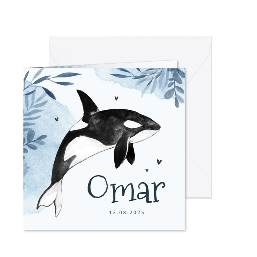 Geboortekaartje walvis orka water zee waterverf - Kaartimpressie